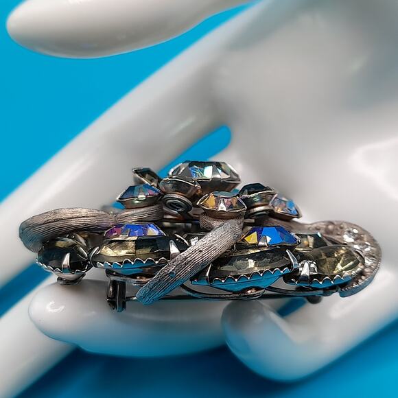 Vintage AB Black Diamond Rhinestone Flower Brooch Silver Tone 2 Inch main image 8
